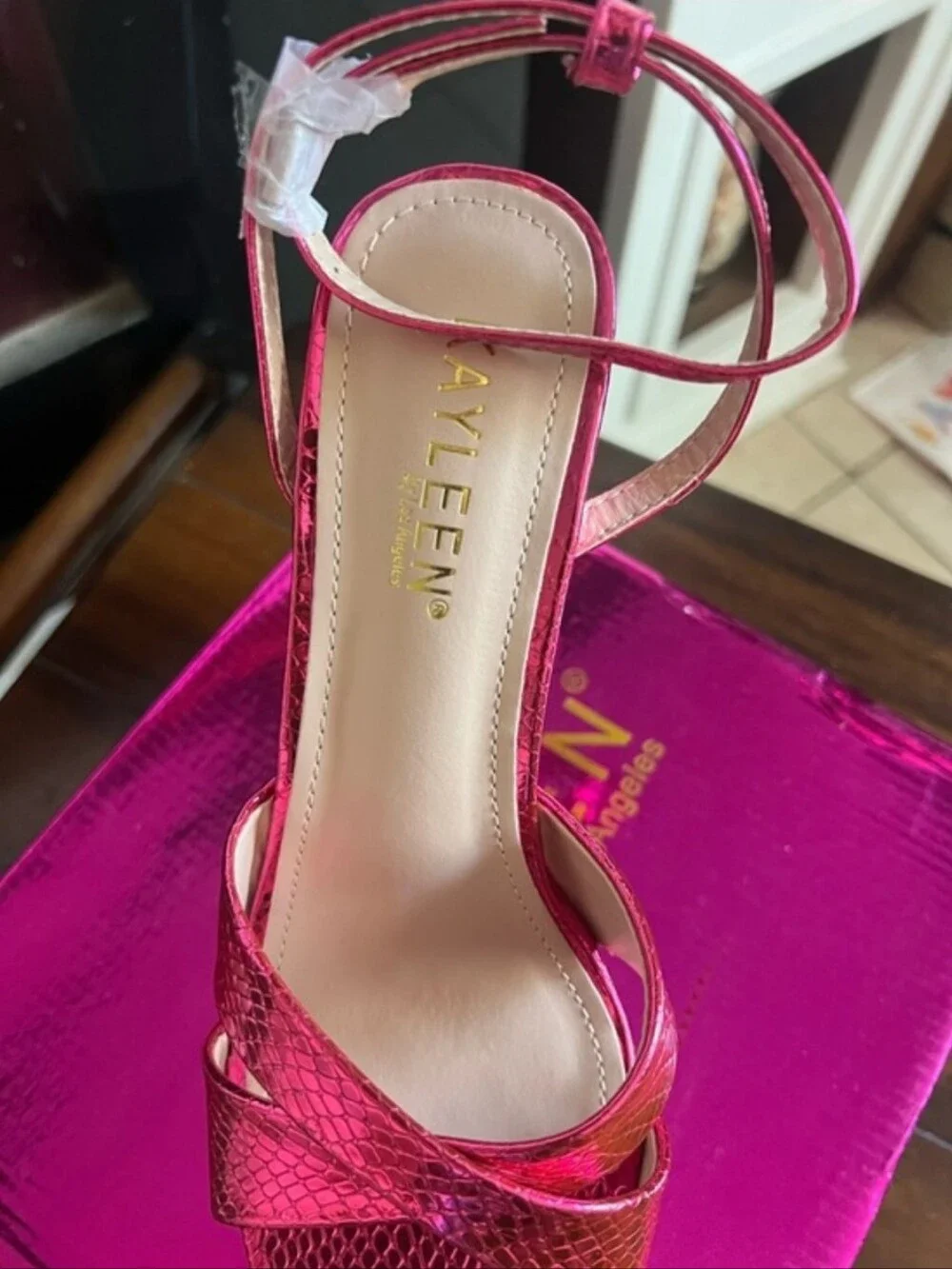 KAYLEEN by Los Angeles Metallic Pink Platform Sandals with Ankle Strap